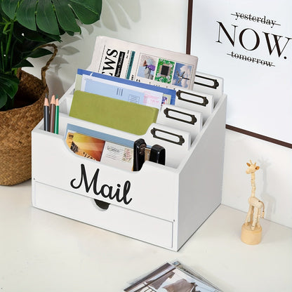 Large Solid Wood Desktop Mail Organizer with Drawer and 4 Compartments Labelable Dividers for Files Letters Paper Folders Desk Organizer for Home Office Students and Professionals