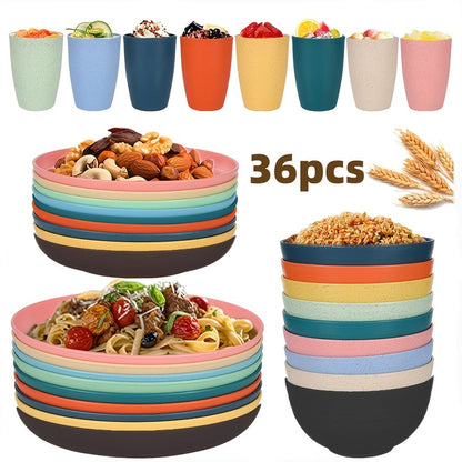 Wheat Straw Dinnerware Set – Reusable Eco-Friendly Plates Bowls & Cups, Dishwasher & Microwave Safe, Unbreakable, 12/24/36 Piece Sets for Camping Party Outdoor & Everyday Use