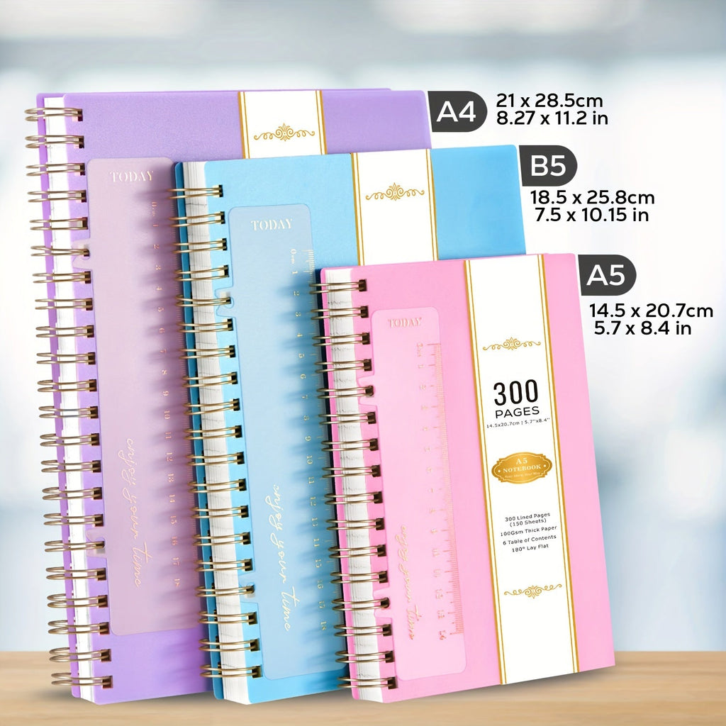 Spiral Notebook 3 Pack A5 Hardcover College Ruled Journal Set, 300 Pages 100GSM Thick Paper, PVC Cover Notepad for Women Girls Students, 5.7" x 8.4" with Ruler