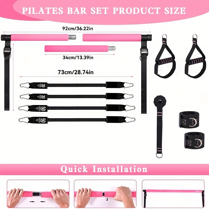 14pcs Pilates Stick Set with Resistance Bands & Fitness Pedal Puller, Multifunctional Home Workout Equipment for Yoga, Pilates, Stretch Training, Full Body Exercise Kit - Pink, Black, Purple