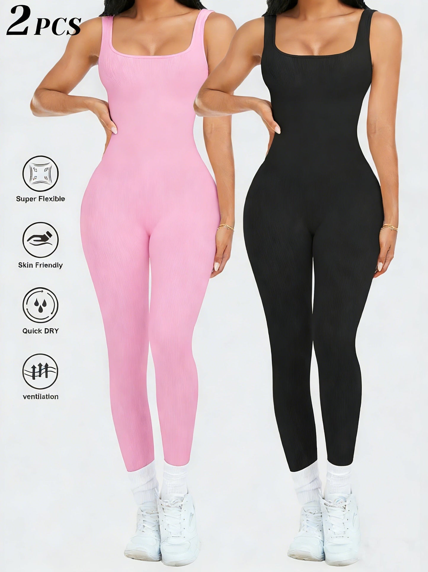 2-Pack Women's Sleeveless Square Neck Long Jumpsuit - 90% Nylon Thick Stretchy Impermeable Activewear Bodysuit for Yoga Pilates Running Fitness, Washable One-Piece Workout Suit Sizes S-XL