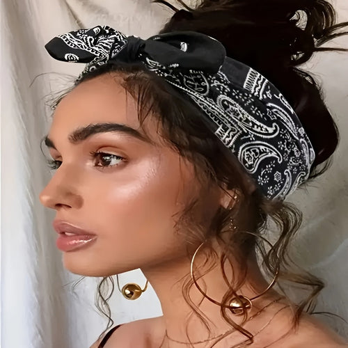 6-Pack Bohemian Paisley Bow Elastic Headbands for Women – Loose Elastic Headscarves in 6 Colors (Sky Blue, Black, Navy, Wine Red, White, Red), All Seasons Outdoor & Daily Wear
