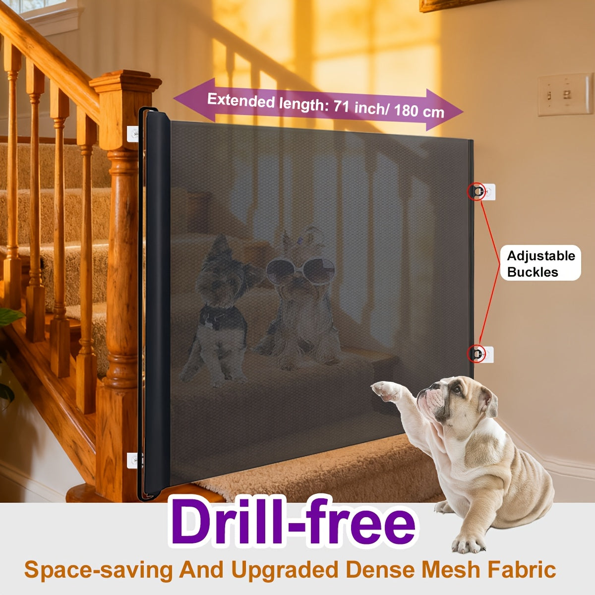 Adjustable Mesh Pet Gate – No-Drill, No-Hole Installation, Scalable Barrier Fence for Dogs & Cats – Fits Stairs, Doorways & Rooms, Black