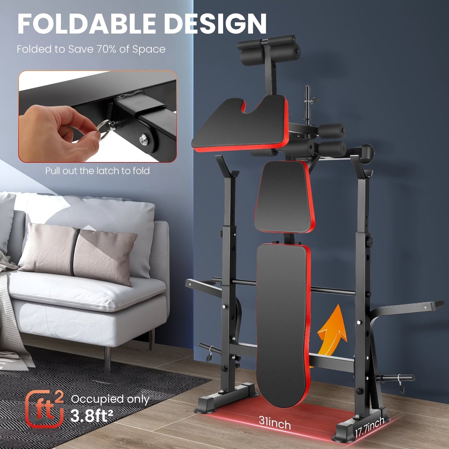 Adjustable Foldable Weight Bench Set with Squat Rack, Leg Developer & Preacher Curl Pad – All-in-One Home Gym Bench Press for Full Body Strength Training, Up to 1200 LBS