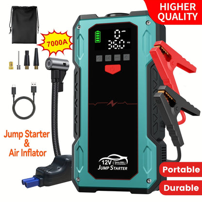 7000A Portable Jump Starter with Air Compressor – 5000A/7000A Peak Battery Pack with 150PSI Digital Tire Inflator, Fits 10L Gas & 2.38gal Diesel, Fast USB Charging & LED Emergency Light