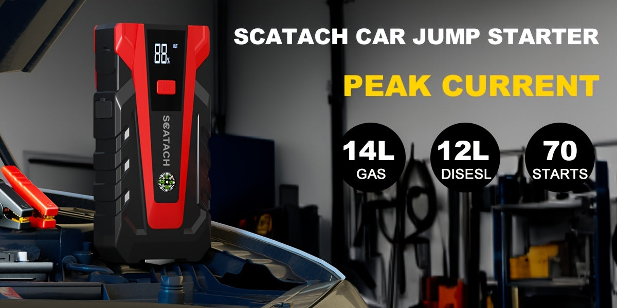 Car Jump Starter with Air Pump & Digital Tire Pressure Gauge – 12V Portable Emergency Starter for Cars, Trucks, SUV, RV & Motorcycles, LED Display, SOS Light & Window Breaker