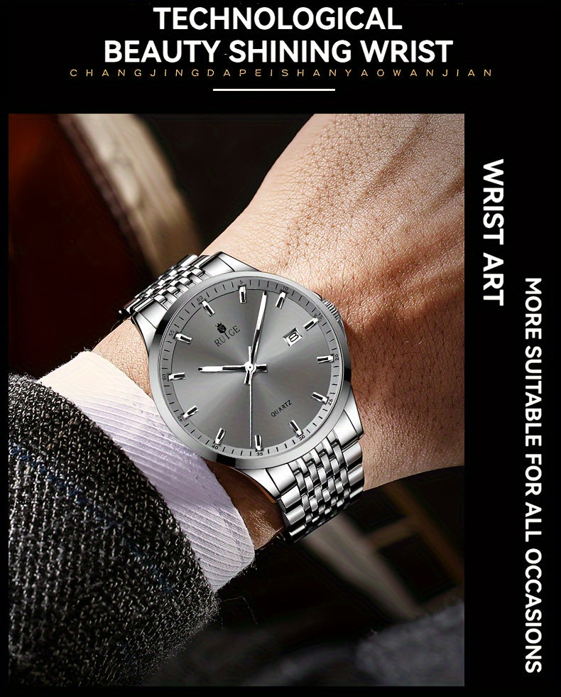 RUIGE Men's Luxury Quartz Watch Stainless Steel with Calendar Night Light Rhinestone Accents - Sports Business Dress Watch for Men Gift for Him