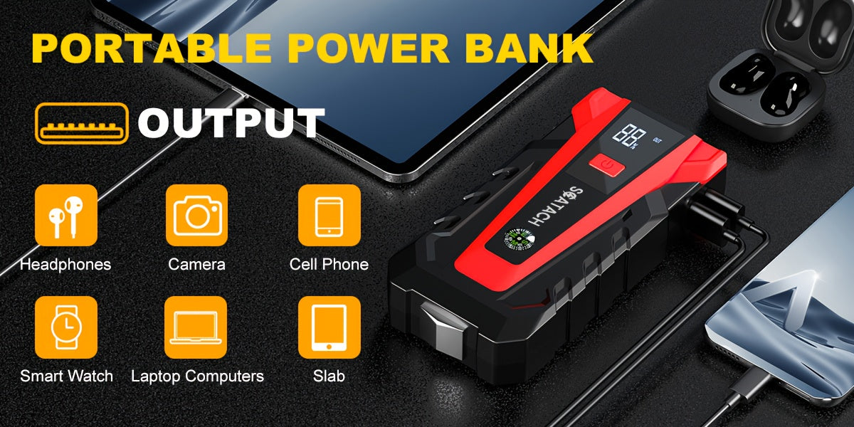Car Jump Starter with Air Pump & Digital Tire Pressure Gauge – 12V Portable Emergency Starter for Cars, Trucks, SUV, RV & Motorcycles, LED Display, SOS Light & Window Breaker