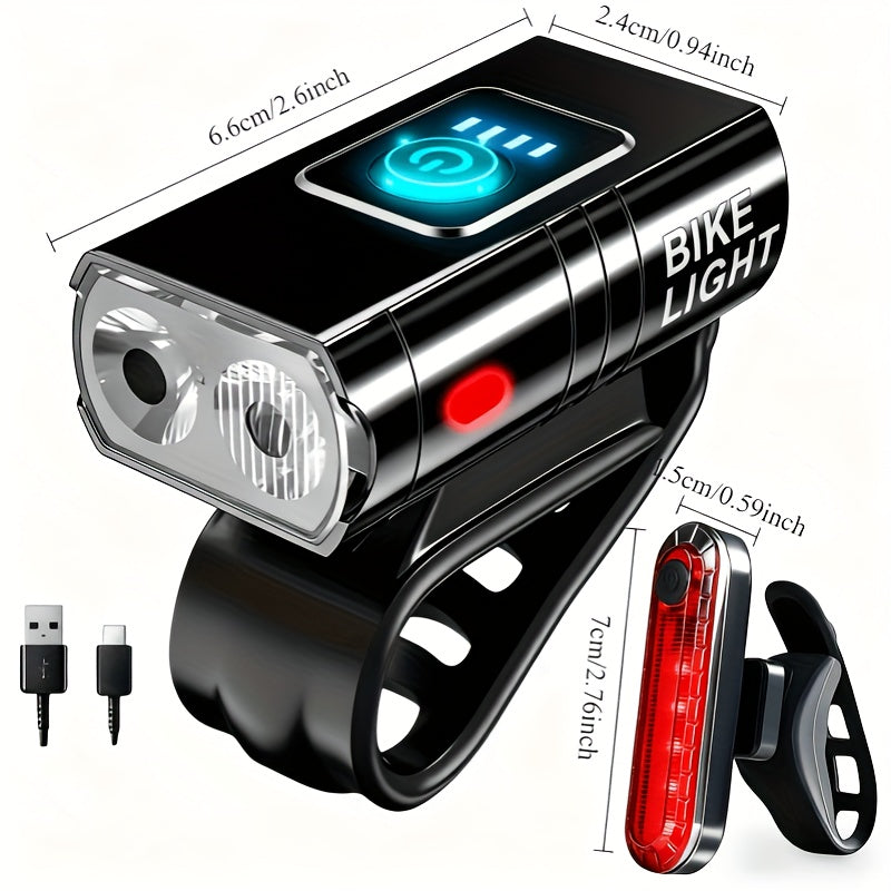 Ultra-Bright Bike Light Set USB Type-C Rechargeable – Aluminum Alloy Front Light 6 Modes & Rear Light 4 Modes, Fast Charge LED Bicycle Lights for Night Riding Camping Safety