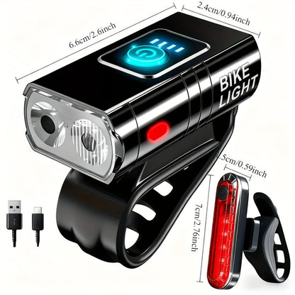 Ultra-Bright Bike Light Set USB Type-C Rechargeable – Aluminum Alloy Front Light 6 Modes & Rear Light 4 Modes, Fast Charge LED Bicycle Lights for Night Riding Camping Safety