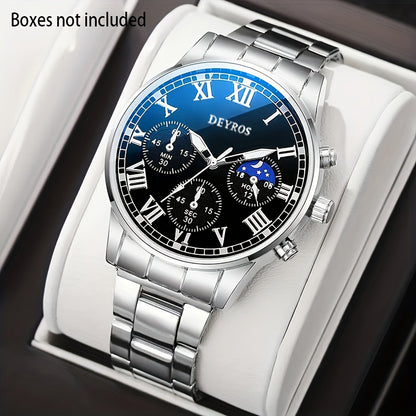Men's Stainless Steel Chronograph Quartz Watch Set with Necklace & Bracelet – 3-Piece Business Analog World Time Jewelry Gift Set for Professional Formal Events