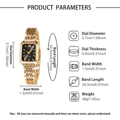 Women's Elegant Golden Tone Watch Set of 2 Stainless Steel Quartz Analog Wristwatch Rectangular Dial Round Case for Casual Dressy Special Occasions Gift for Her