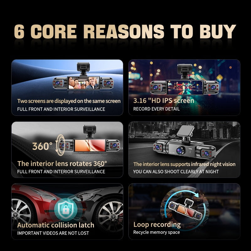 360° Panoramic Dash Cam 3/4 Lens 1080P HD with Quad-Split Screen, HD Night Vision, WDR & G-Sensor – Full Coverage Front, Rear, Left & Right Loop Recording – Rideshare & Fleet Ready – Velora