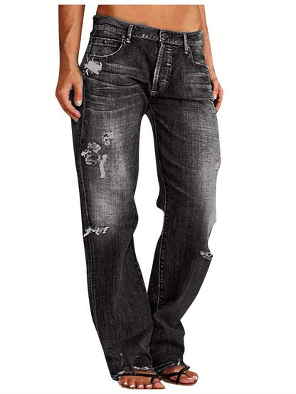Women's Ripped Flare Wide Leg Jeans – Distressed Stretch Denim, Fashion Streetwear Casual Pants, Light Blue & Dark Blue, Sizes XS-XXL