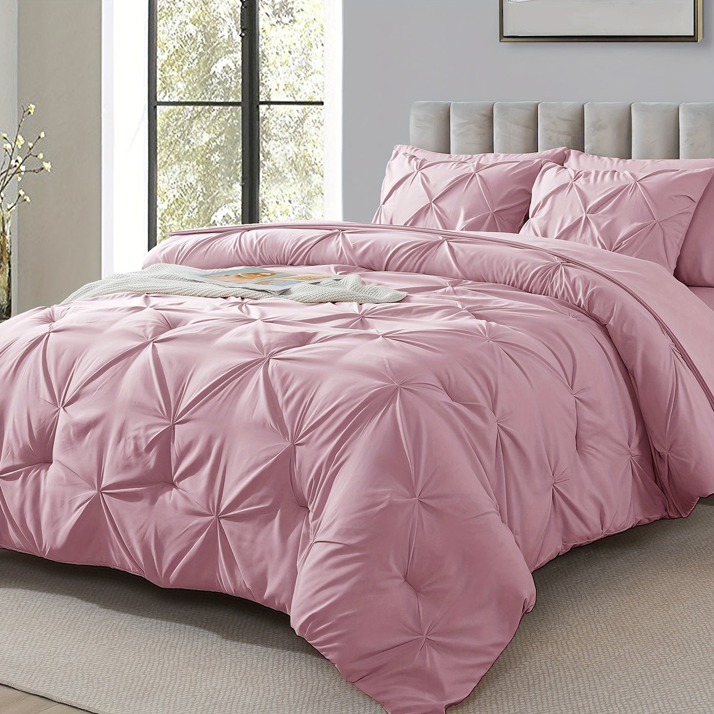 Comforter Set 7 Piece Queen King Full - Soft Microfiber Pintuck Pleated Bed in a Bag Complete Bedding Set with Comforter, Fitted Sheet, Flat Sheet & Pillowcases, All Season Home & Dorm Bedding