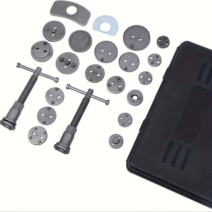 26-Piece Brake Caliper Wind Back Tool Kit with 18 Disc Adapters Thrust Bolt Assemblies Retaining Plates & Caliper Hangers – Universal Brake Caliper Compression Tool Set for Cars Trucks SUVs