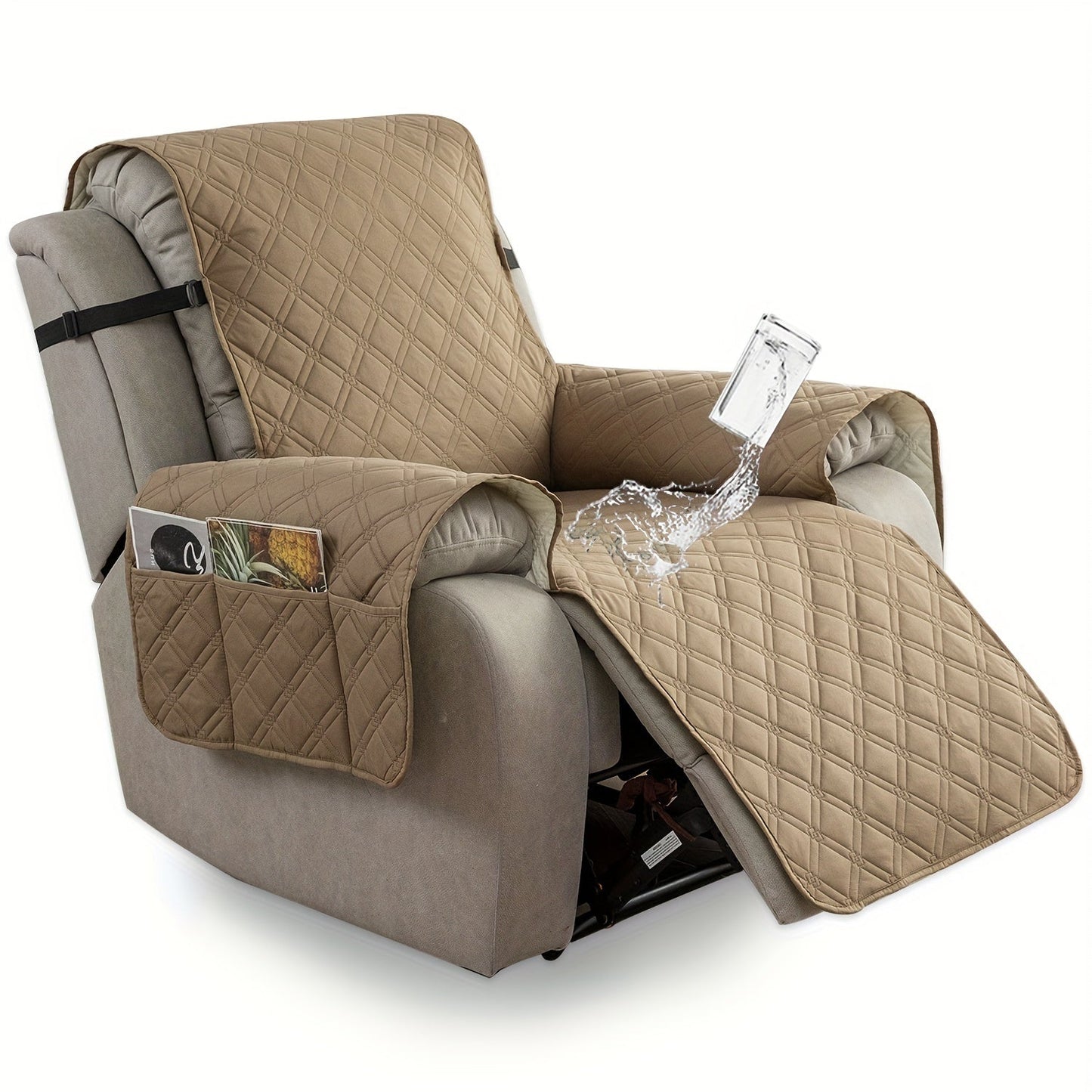 Waterproof Recliner Cover Slipcover with Side Pockets Anti-Slip Straps 4-Layer Quilted Fabric Pet Kid Proof Machine Washable Recliner Chair Protector – 11 Colors