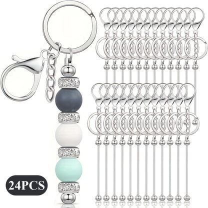 Stainless Steel Beadable Keychain Blanks DIY Kit – 12 & 24pcs Metal Keyring Pendants with Charms for Crafting, Christmas & Halloween Gifts, Gold, Silver & Rose Gold