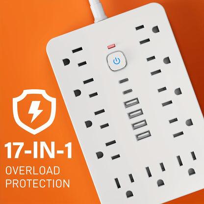 17-in-1 Power Strip Surge Protector with 11 AC Outlets 4 USB Ports 2 USB-C Ports Flat Plug Design Space-Saving Extension Cord for Home Office Desk Kitchen 5ft 10ft Cord