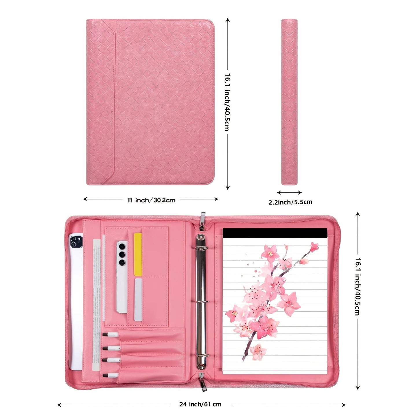 Vegan Leather Portfolio Binder 3-Ring Zipper A4 Legal Laptop Pocket Work Organizer for Women Men