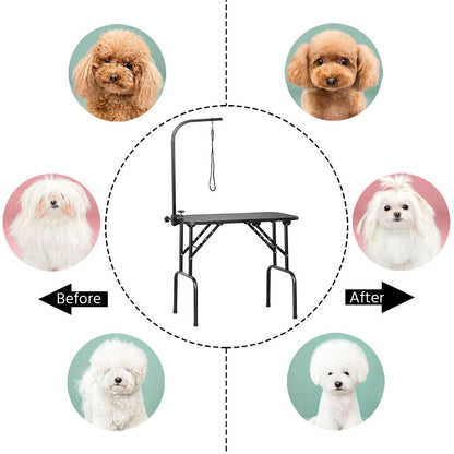 Foldable Pet Grooming Table for Dogs & Cats, Height-Adjustable Arm with Non-Slip Waterproof Surface & Folding Legs, Portable Home & Professional Pet Beauty Station