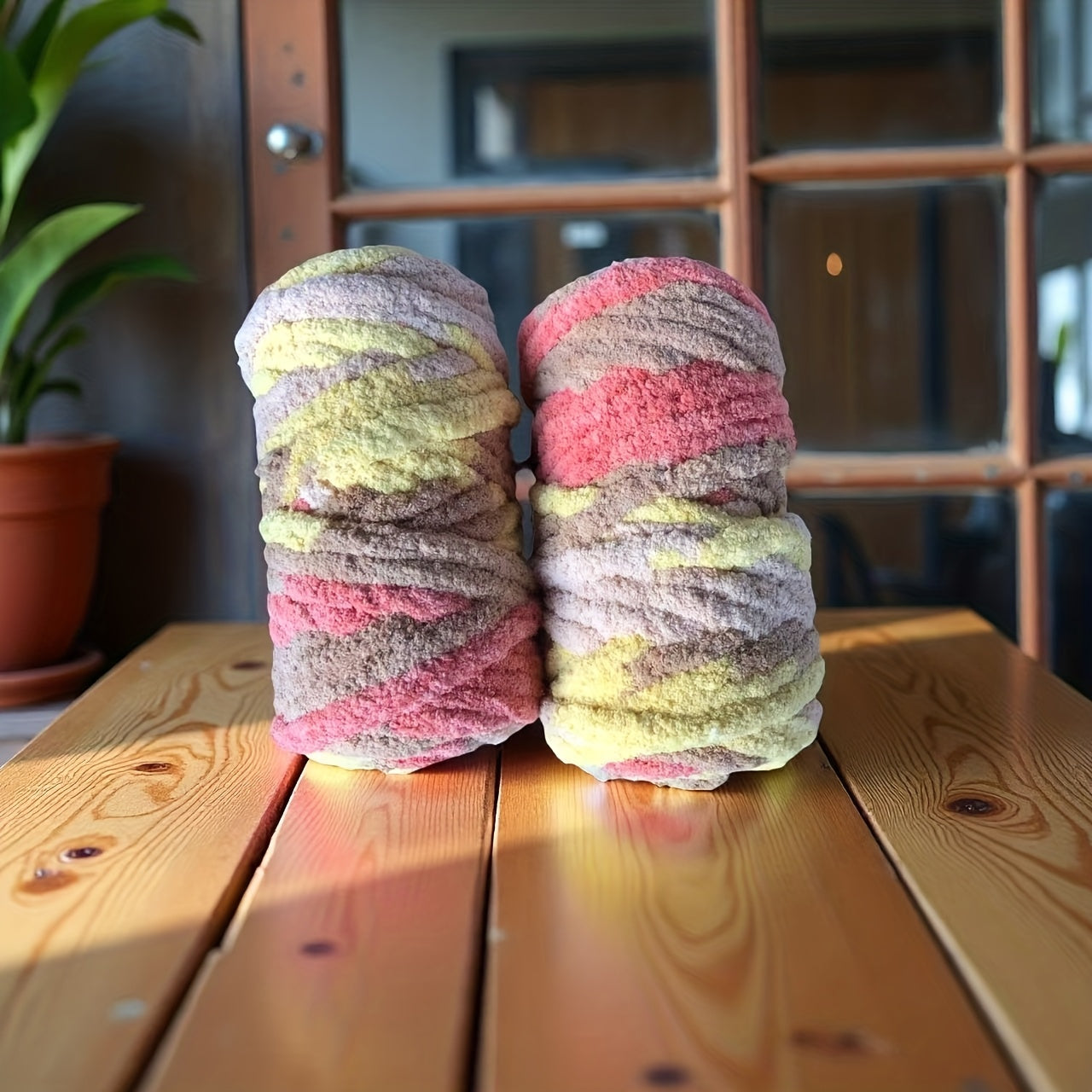 Chunky Chenille Yarn 2 Skeins 500g Hand Knitting Blanket Crochet Multicolor Striped Soft Polyester Extra Thick Plush DIY Gift for Women Men
