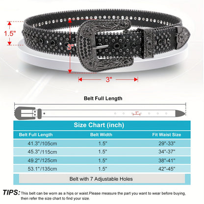 Rhinestone Belt Unisex Western Cowgirl Bling Belt – Sparkling Faux Leather Adjustable Waist Belt with Alloy Buckle for Women Men Sizes S-XL Party Festival Halloween Christmas Gift