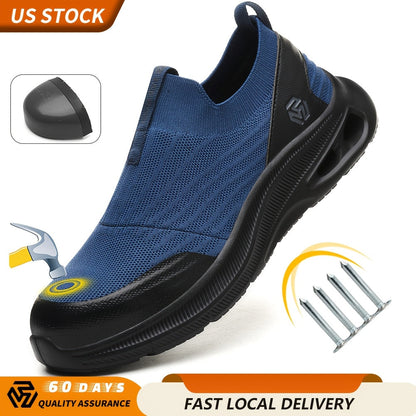 Steel Toe Work Shoes for Men Slip-On Lightweight Safety Sneakers Puncture-Resistant Non-Slip Loafers Black Grey Blue Sizes US 5.5-14