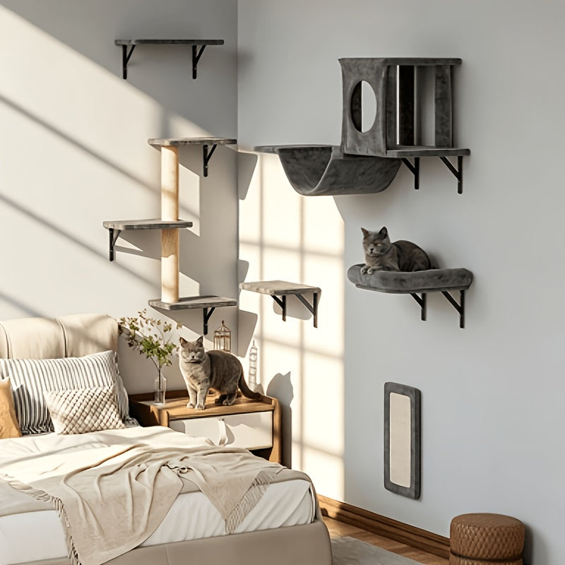 7-Piece Wall Mounted Cat Climbing Shelf Set – Deluxe Indoor Cat Furniture with Cat Condo, Wall Shelves, Scratching Post, Bridge Ladder & Tunnel, Space-Saving Cat Wall Playground for All Cat Sizes