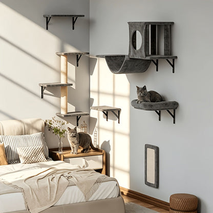 7-Piece Wall Mounted Cat Climbing Shelf Set – Deluxe Indoor Cat Furniture with Cat Condo, Wall Shelves, Scratching Post, Bridge Ladder & Tunnel, Space-Saving Cat Wall Playground for All Cat Sizes