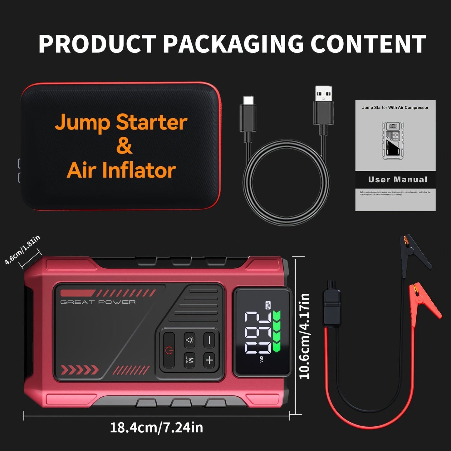 8000A Portable Jump Starter with Air Compressor – 12V Battery Booster for 8.0L Gas & 6.5L Diesel, USB Ports, LED Flashlight, Jump Box for Cars, Trucks & SUVs