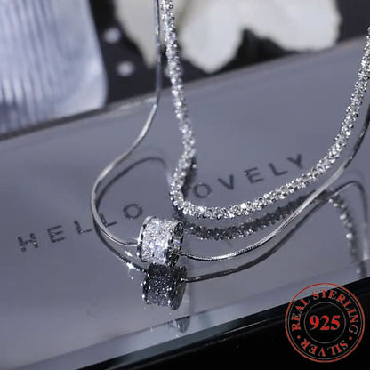 S925 Sterling Silver Double Layer Clavicle Chain Necklace for Women Elegant Cubic Zirconia Sweater Chain Minimalist Fashion Jewelry Daily Wear and Gift All Seasons
