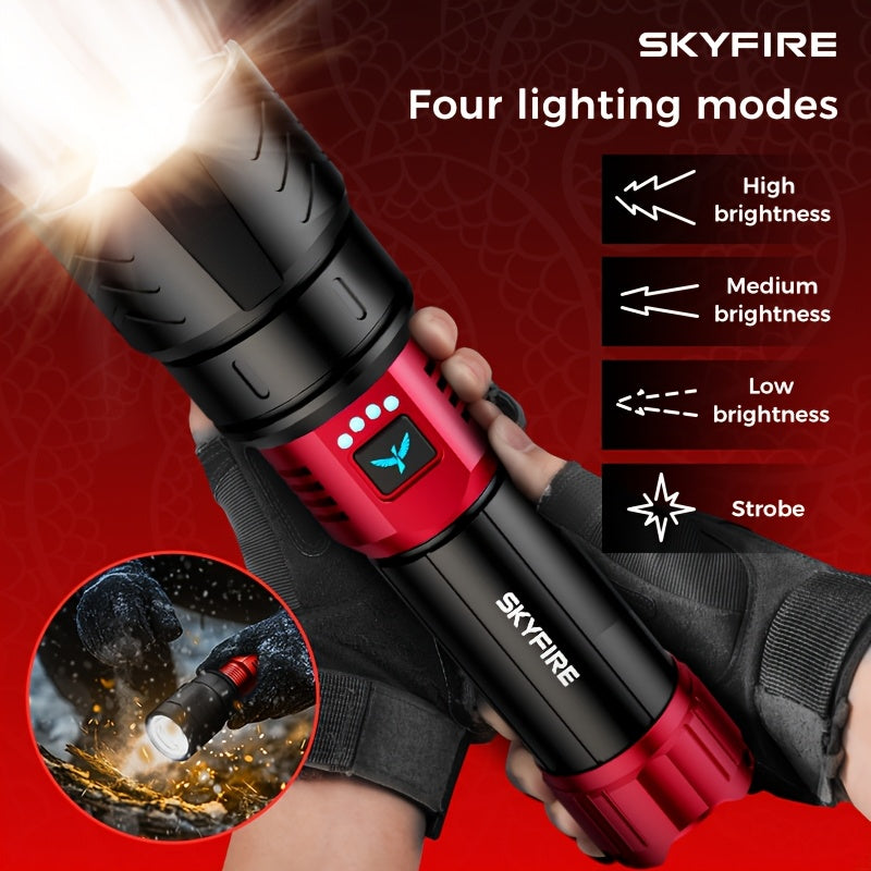 SKYFIRE 5000 Lumen LED Flashlight Rechargeable with Ignition Lens, Adjustable Focus & 4 Modes – Super Bright High Lumen Tactical Flashlight for Camping, Outdoor, Farm & Emergency Family Use