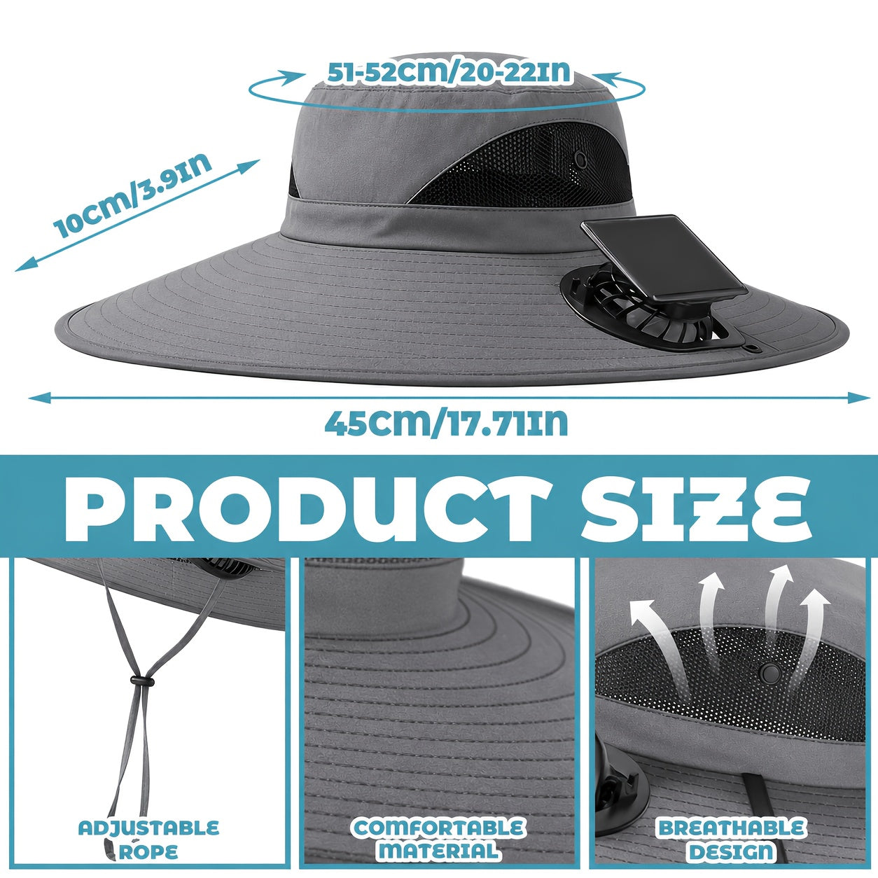 Solar Powered Cooling Fan Wide Brim Sun Hat – 2 Built-In Solar Fans, Adjustable Wind Speed, Breathable Mesh, UV Protection Outdoor Hat with Chin Strap for Fishing, Camping & Travel