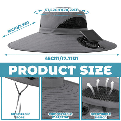 Solar Powered Cooling Fan Wide Brim Sun Hat – 2 Built-In Solar Fans, Adjustable Wind Speed, Breathable Mesh, UV Protection Outdoor Hat with Chin Strap for Fishing, Camping & Travel