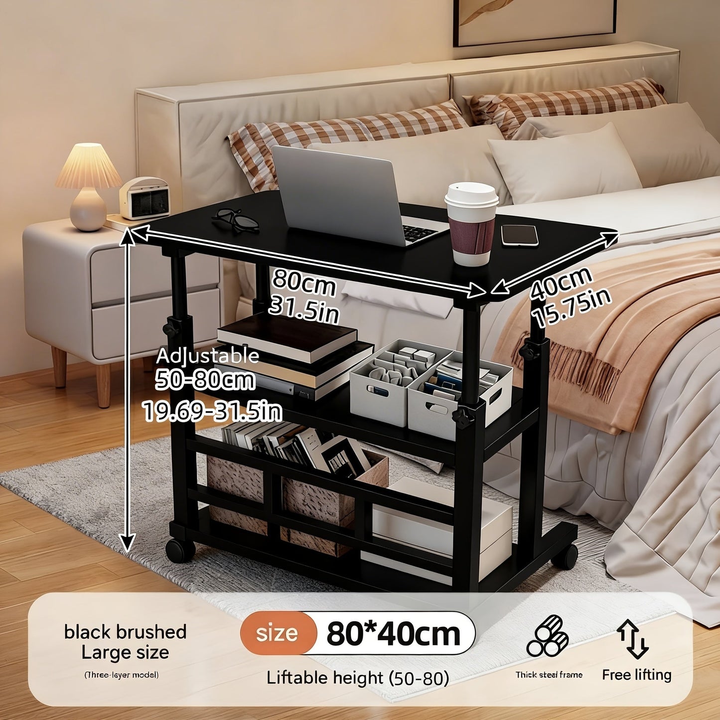 Portable Mobile Desk with Wheels & Adjustable Height Lift Table – Small Computer Study Desk for Bedside Sofa Crafts Home Office in Black or White