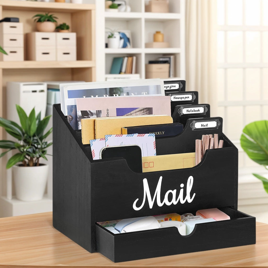 Large Solid Wood Desktop Mail Organizer with Drawer and 4 Compartments Labelable Dividers for Files Letters Paper Folders Desk Organizer for Home Office Students and Professionals