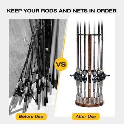 Circular Wooden Fishing Rod Rack Holds 16 Rods Space-Saving Fishing Pole Organizer for Garage Shed Man Cave – 360° Rotating & Fixed Options, Sturdy Wood Construction, Fisherman Gift