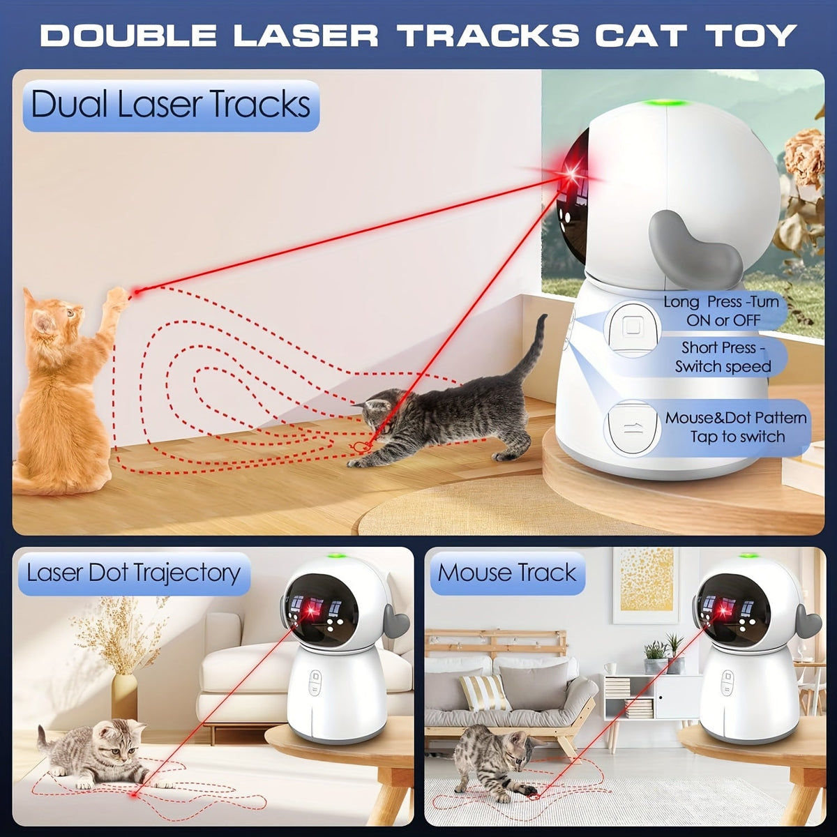 Dual Laser Cat Dog Toy Rechargeable – Auto Motion-Activated Interactive Laser Toy with 3 Speed Modes, 160-Inch Sensor, Adjustable Head for Indoor Cats Kittens Dogs