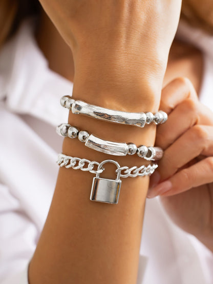 3pcs 925 Sterling Silver Beaded Punk Bracelet Set with Lock Pendant – Exquisite Stackable Edgy Silver Wrist Jewelry for Women Men Teens, Party Festival Daily Wear Gift