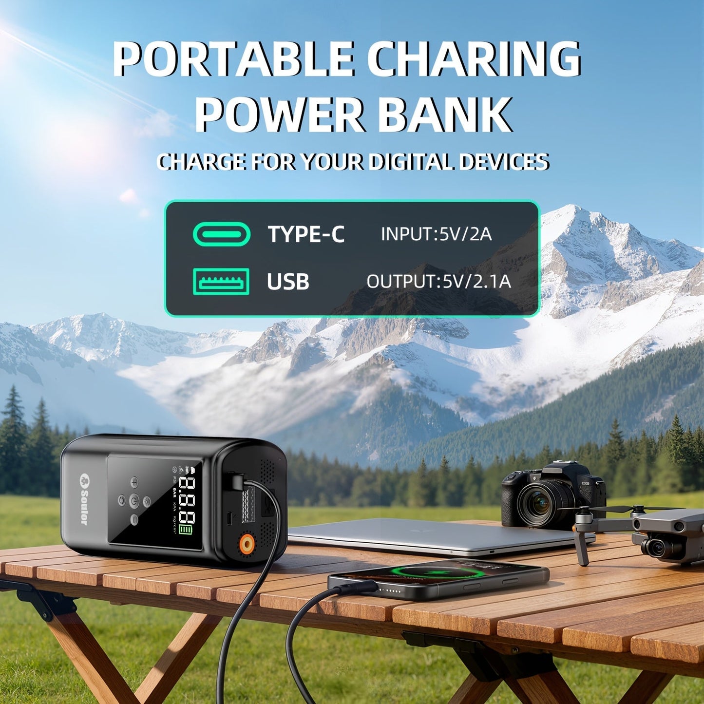 Portable Car Jump Starter 3000A-6000A – 12V Lithium Battery Booster Pack, Dual USB QC 3.0 Fast Charging Power Bank, LED Light & Compass, Fits All Gas Engines