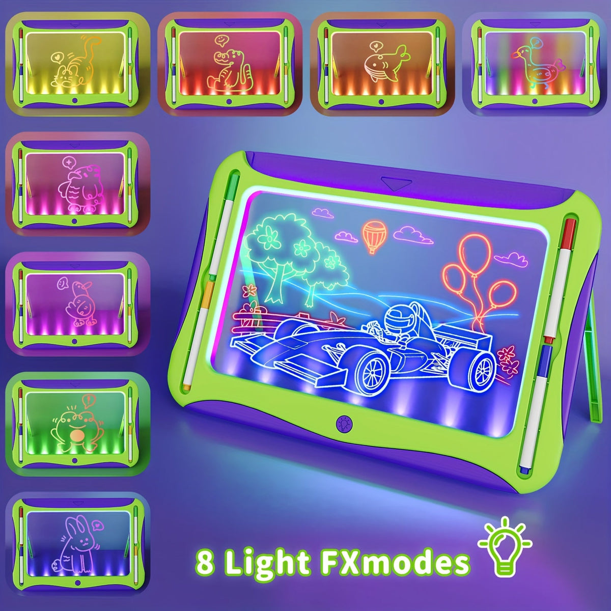 LED Light-Up Drawing Doodle Board for Kids Ages 3-8 – Glow Writing Art Set with 9 Double-Sided Cards & 6 Markers, Educational Learning Travel Toy, Birthday & Christmas Gift for Girls Boys