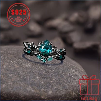 925 Sterling Silver Gothic Black Ring with Synthetic Jadeite Grape Pear Design for Women – Elegant Birthstone Holiday Ring with Gift Bag, Sizes 6-10, Unique Christmas Party Jewelry Gift
