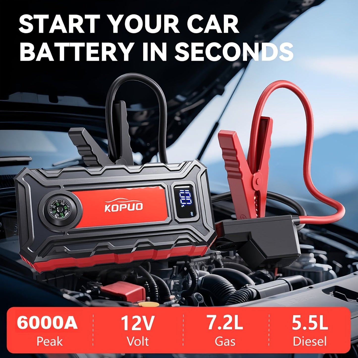 5000A/6000A Portable Car Jump Starter – 12V Battery Booster Pack for Gas & Diesel Vehicles, 65W Fast Charge Power Bank, LED Flashlight & LCD Display, Compact Emergency Jump Box