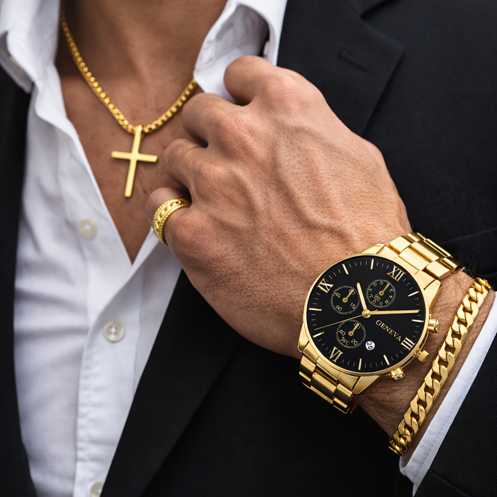 Men's Luxury Mechanical Watch & Jewelry Gift Set 4pcs – Vintage Electroplated Alloy Bracelet, Necklace & Ring, Elegant Business Casual Accessory Set for Christmas, Valentine's Day & Holiday Gifts