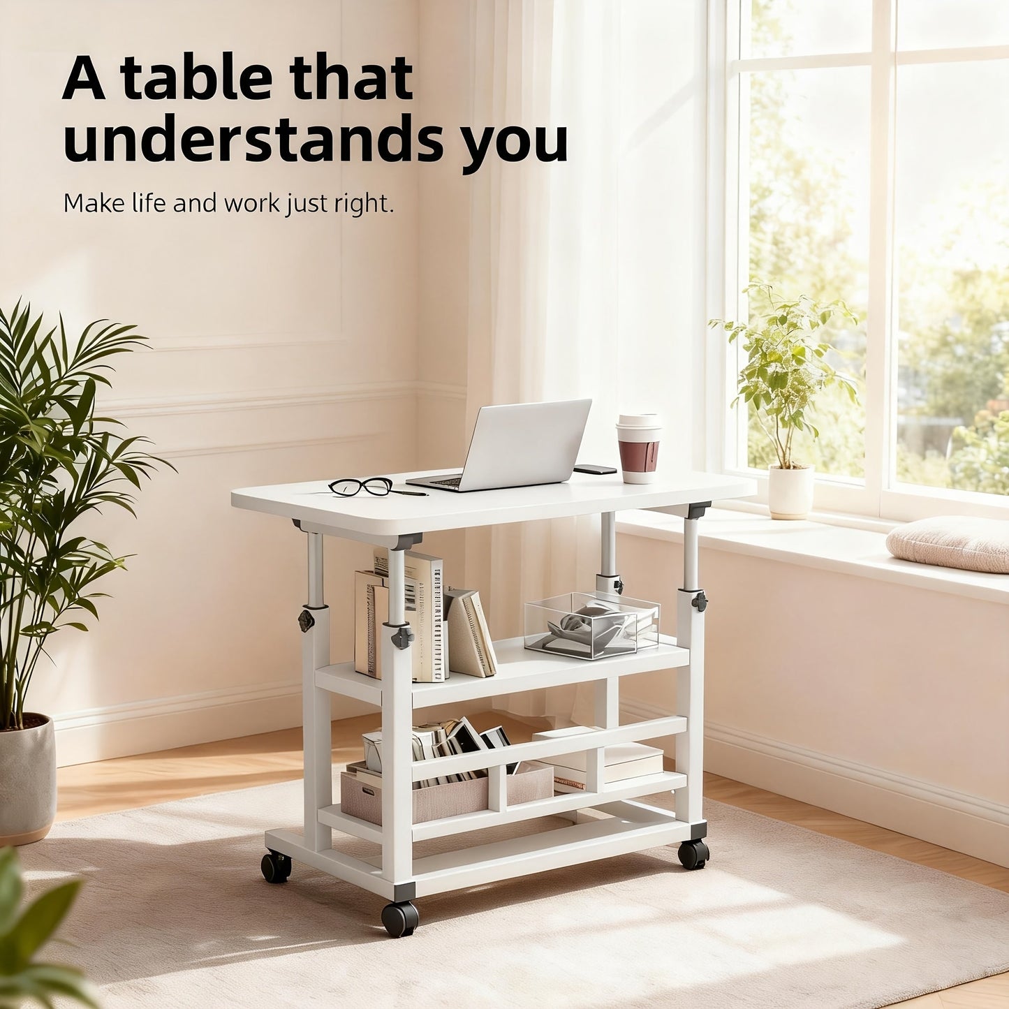 Portable Mobile Desk with Wheels & Adjustable Height Lift Table – Small Computer Study Desk for Bedside Sofa Crafts Home Office in Black or White
