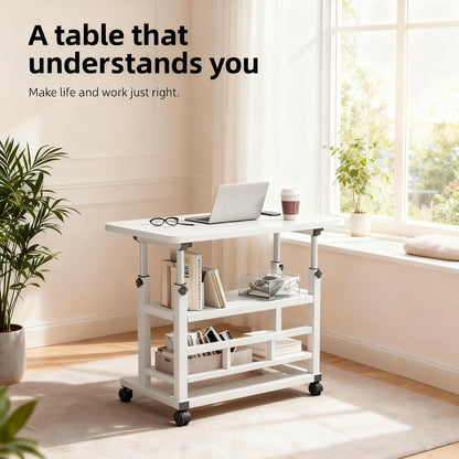 Portable Mobile Desk with Wheels & Adjustable Height Lift Table – Small Computer Study Desk for Bedside Sofa Crafts Home Office in Black or White