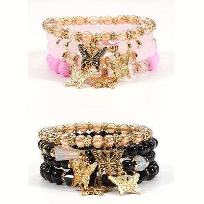 Boho Butterfly Beaded Bracelet Set for Women – 4, 8 & 16pcs Sparkle Multi-Layered Elastic Charm Stackable Bracelets, Perfect Gift for Stylish Ladies