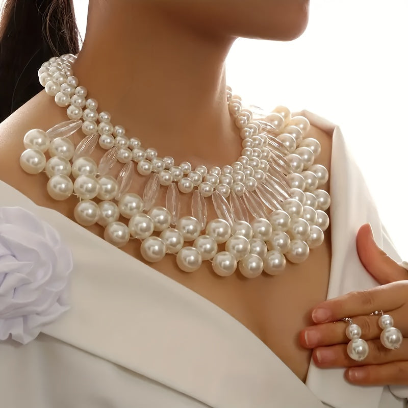 Bohemian Faux Pearl Tassel Necklace and Earrings Set Multi-Layered Handmade Bridal Jewelry Beaded Elegant Wedding Accessories Gift for Her