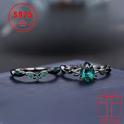 925 Sterling Silver Gothic Black Ring with Synthetic Jadeite Grape Pear Design for Women – Elegant Birthstone Holiday Ring with Gift Bag, Sizes 6-10, Unique Christmas Party Jewelry Gift